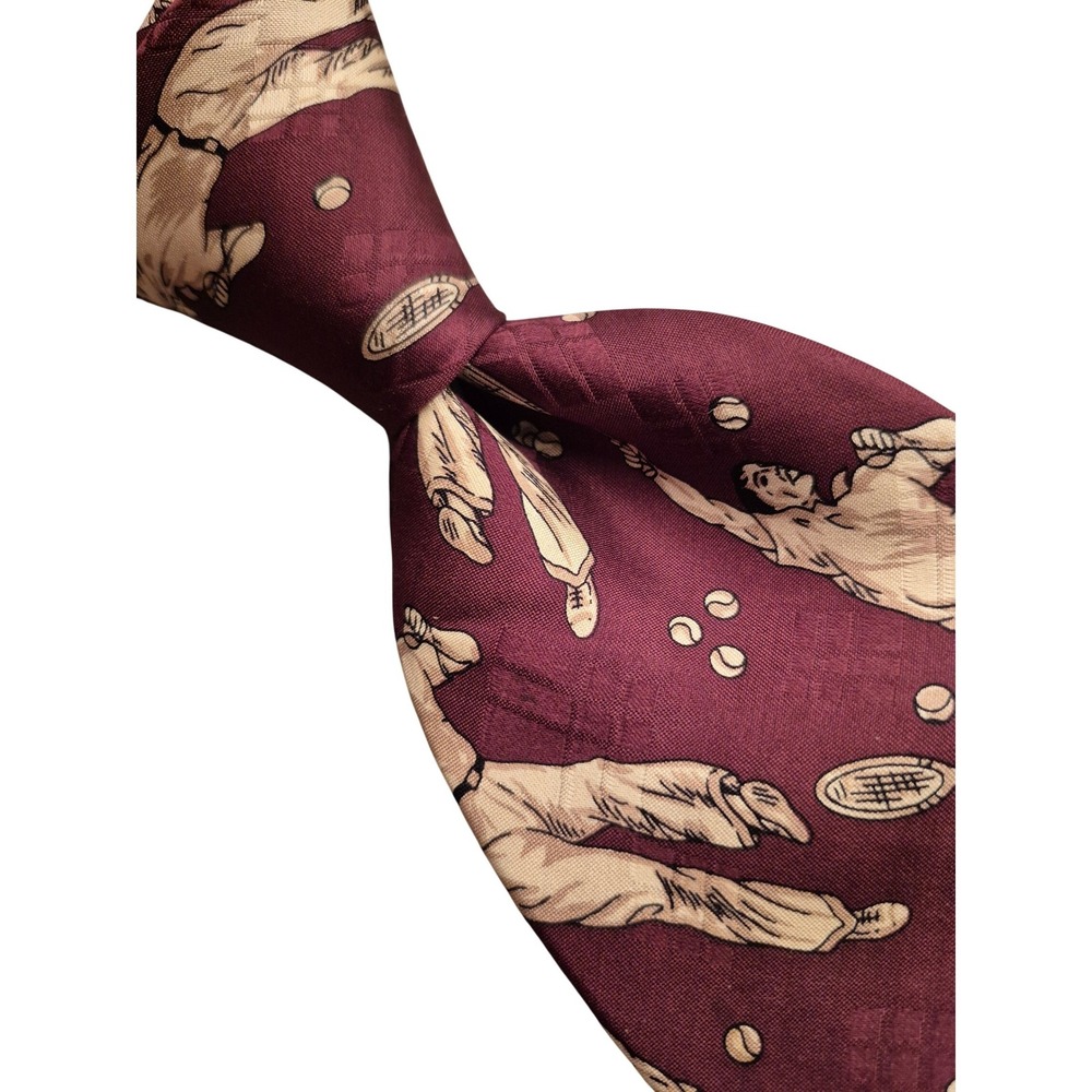 Polo Ralph Lauren Mens Silk Tie Burgundy Tennis Player Sport Print VTG RARE